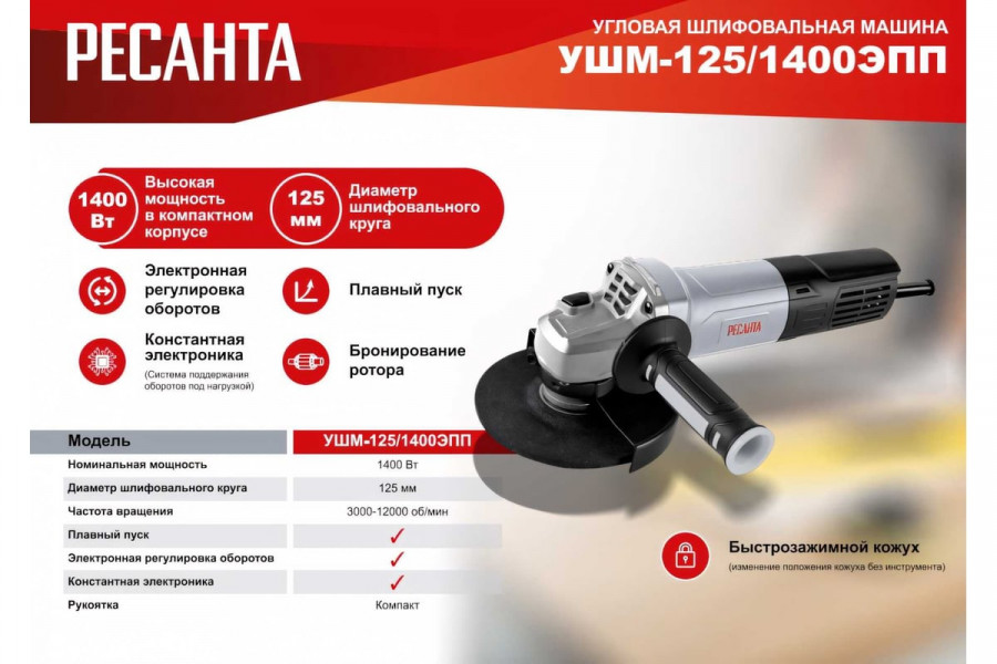 Шлифмашина угловая РЕСАНТА УШМ-125/1400 ЭПП