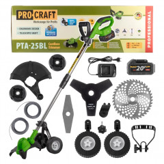 Аккумуляторный триммер ProCraft PTA25BL (бесщеточный, 20В, АКБ 20В/3Ач и ЗУ, 3 диска, 2 насадки)